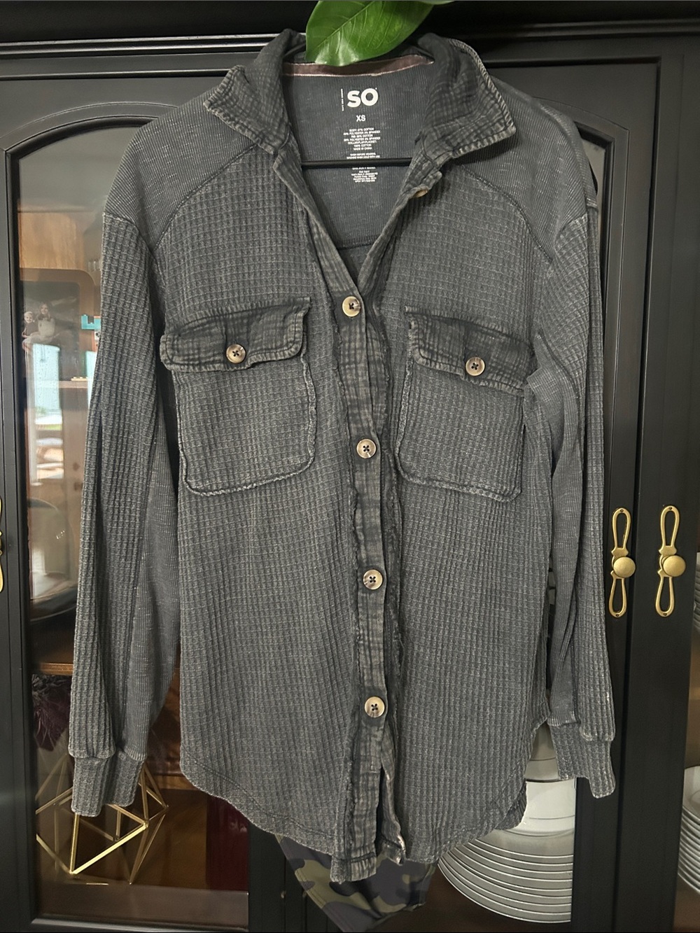 SO womans Washed Charcoal Button-Down Shirt Jacket